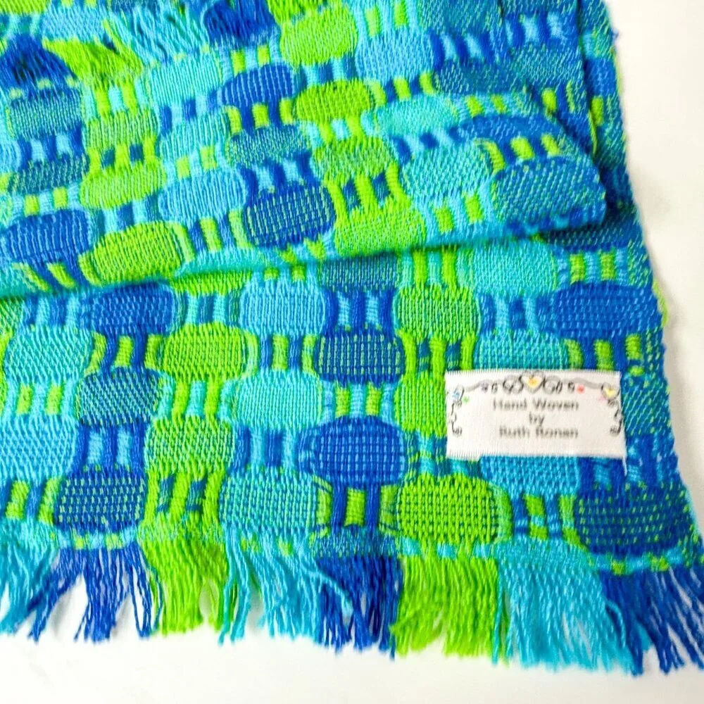 Artist Weaver Ruth Ronan Handwoven Blue Green Table Runner